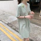V-neck Elbow-sleeve A-line Dress Light Green - One Size