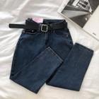 Plain High-waist Cropped Jeans With Belt