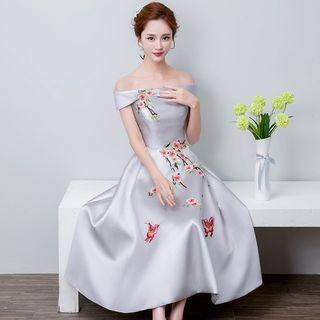 Flower Embroidered Off Shoulder Short Sleeve Evening Gown