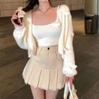 Pleated Lace Trim Mini A-line Skirt / Tank Top / Cardigan / Set