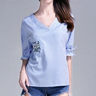 Elbow-sleeve Striped Embroidery Blouse