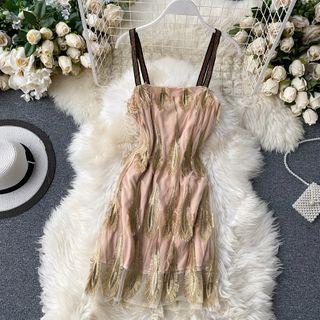 Spaghetti Strap Feather Mini A-line Mesh Dress Almond - One Size