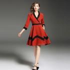 3/4-sleeve Contrast Trim A-line Dress