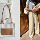 Contrast-panel Canvas Tote Bag Beige - One Size