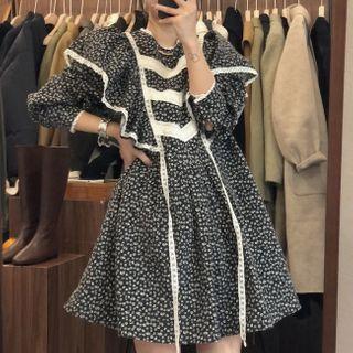 3/4-sleeve Floral Print Ruffled Mini Dress Floral Printed - Black - One Size