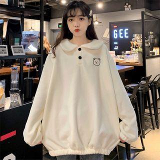 Polo-neck Bear Print Fleece Sweatshirt