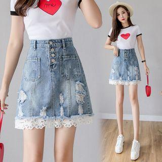 Lace Trim Distressed Denim Mini A-line Skirt