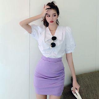 Puff-sleeve Wide-collar Blouse / Fitted Mini Skirt