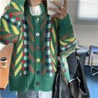 Long-sleeve Printed Knit Cardigan Green - One Size