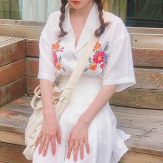 Flower Embroidered Elbow-sleeve Blouse / Mini A-line Skirt