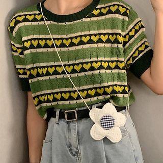 Short-sleeve Heart Patterned Striped Cropped Knit Top