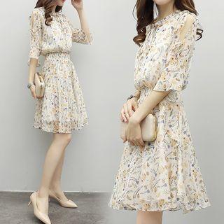Floral Print Cut Out Shoulder 3/4 Sleeve Dress