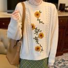 Flower Print Cable Knit Sweater