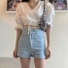 Denim Hot Pants / Puff-sleeve Blouse