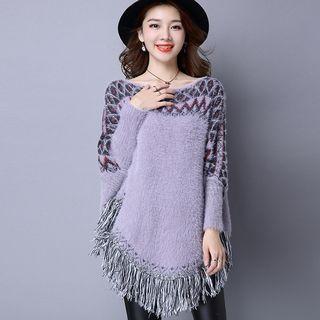 Patterned Fringe Long Sweater