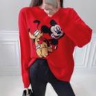 Drop-shoulder Mickey Mouse Print Knit Top