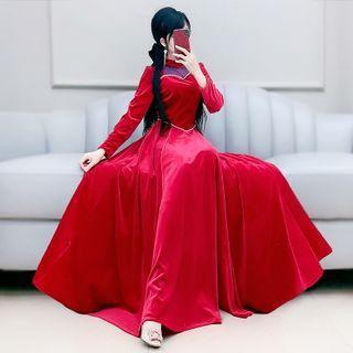Long-sleeve Beaded Trim Mock-neck Maxi Dress
