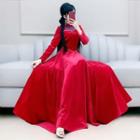 Long-sleeve Beaded Trim Mock-neck Maxi Dress