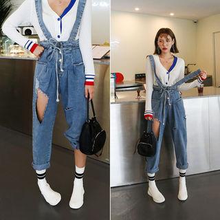 Cutout-detail Tie-waist Denim Suspender Pants