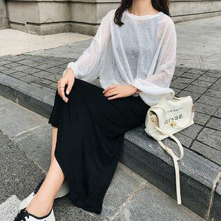 Set: Long-sleeve Sheer T-shirt + Sleeveless Midi Dress