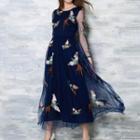 Bird Embroidered 3/4-sleeve Maxi A-line Dress