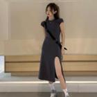 Short-sleeve Plain Split A-line Dress