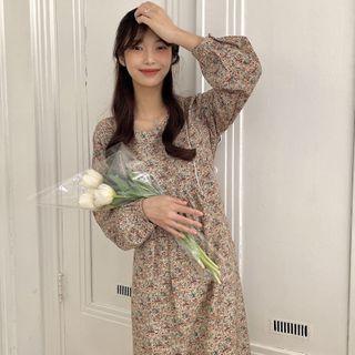 Long-sleeve Floral Print Midi Dress Floral - Blue & Brown - One Size