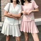 Set: V-neck Short-sleeve Blazer + Mini A-line Skirt