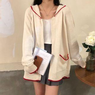 Contrast Trim Pocket-detail Long-sleeve Knit Jacket Almond - One Size