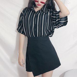 Striped Short-sleeve Shirt / Wrap Skort