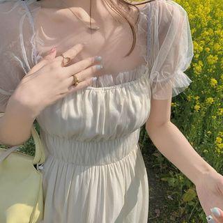 Puff-sleeve Square-neck Mesh A-line Midi Dress