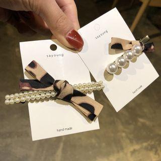 Leopard Print Bow Faux Pearl Hair Clip