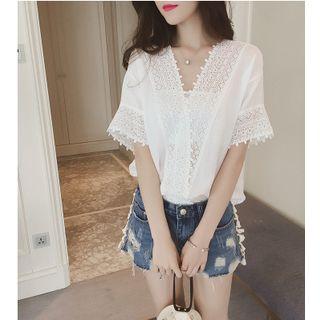 V-neck Lace Panel Elbow-sleeve Top