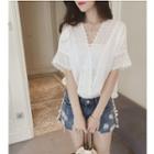 V-neck Lace Panel Elbow-sleeve Top