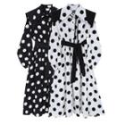 Dotted Collared Long-sleeve Midi A-line Dress