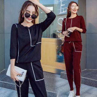 Set: Long-sleeve Contrast-trim Top + Sweatpants