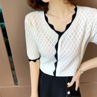 V-neck Two Tone Ruffle Plaid Knit Top