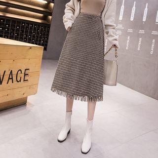 Houndstooth Fray Hem A-line Midi Skirt
