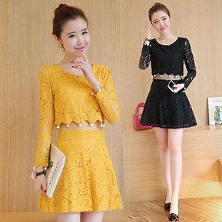 Set : Embellished Perforated Long-sleeve Top + Lace Skirt