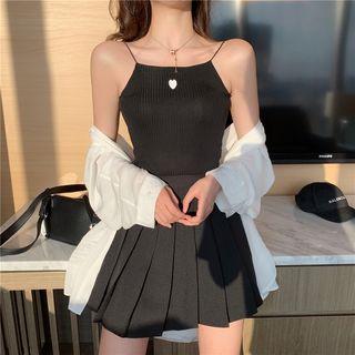 Long-sleeve Plain Shirt / Spaghetti Strap Heart Printed Camisole / High-waist Pleated Skirt