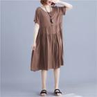 Plain Round-neck Short-sleeve Dress Coffee - L