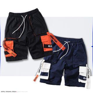 Embroidered Letter Color Block Cargo Shorts