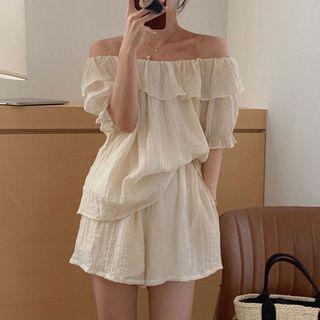 Set : Off-shoulder Ruffle Shirt & Shorts