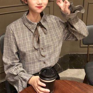 Tie-neck Plaid Button Blouse As Shown In Figure - One Size