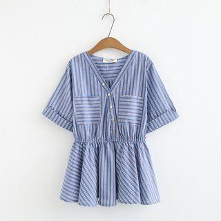 V-neck Striped Short-sleeve Blouse Blue - One Size