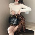Plain Cutout Long-sleeve Slim-fit Top / Leopard Print Skirt
