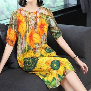 Flower Print Elbow-sleeve Dress