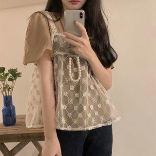 Set: Short-sleeve Top + Lace Sleeveless Top As Figure - One Size