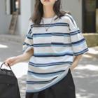 Elbow-sleeve Striped T-shirt White & Blue - One Size
