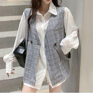 Plain Shirt / Double-breasted Plaid Vest